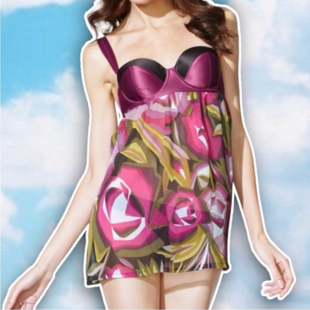💙 MISSONI FOR TARGET Groovy Retro Floral Print Satin Mesh Babydoll Bra Bustier